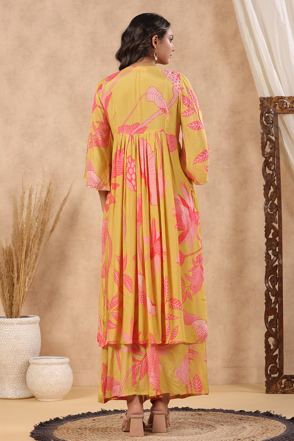 Mustard Color Muslin Printed Front Slit Kurta With Sharara