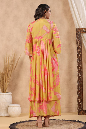 Mustard Color Muslin Printed Front Slit Kurta With Sharara