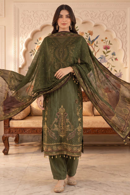 Green Crepe Silk Printed and Pitta Handwork Suit