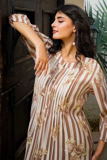 Light Brown Muslin Floral Printed Kurta Set