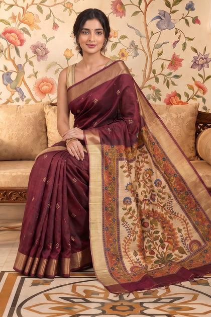 Maroon Cotton Printed And Woven Border Saree