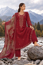 Maroon Matka Silk Embroidered Unstitched Suit Material