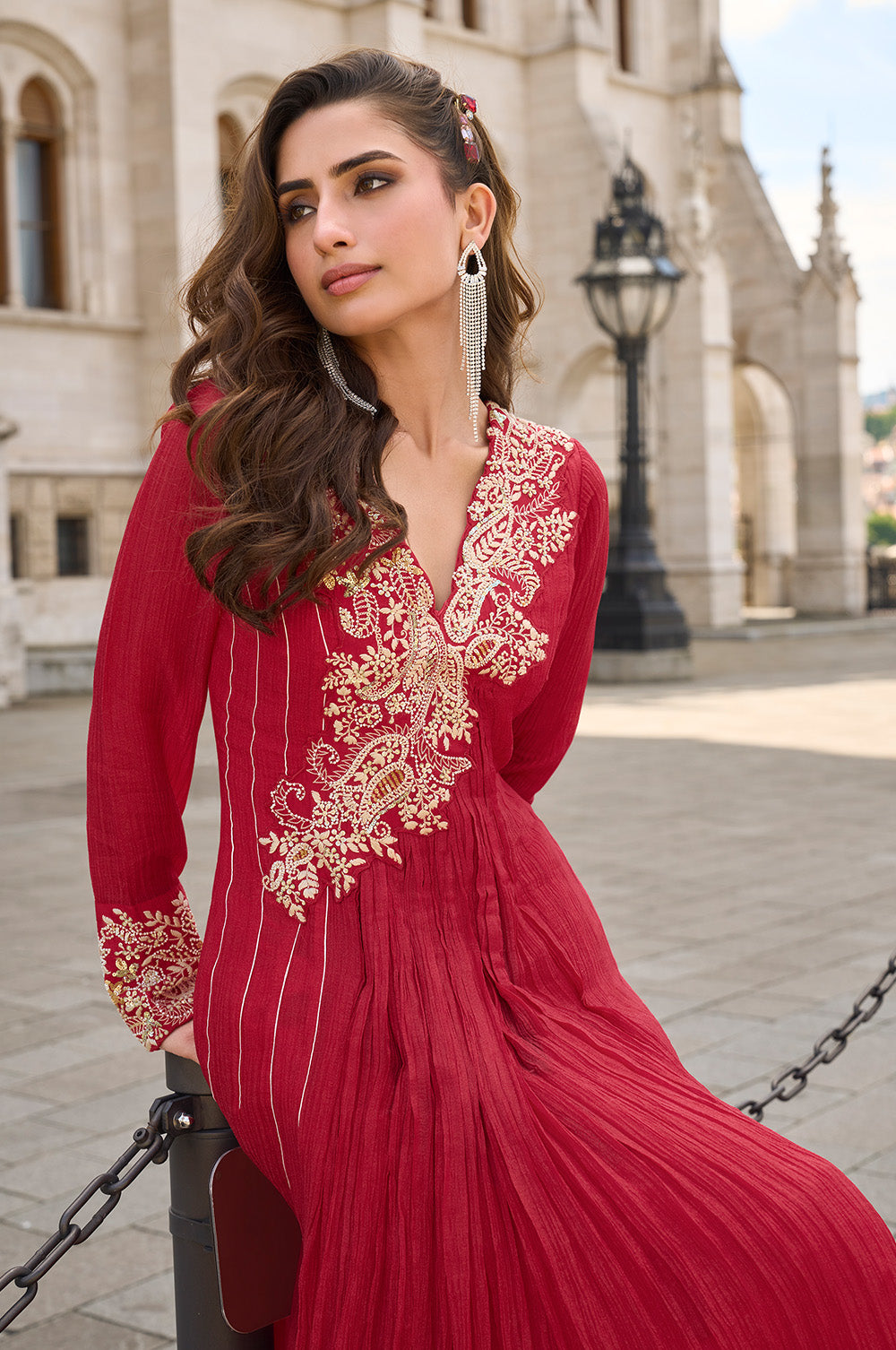 Red Crepe Silk Resham And Sequins Embroidered Anarkali Gown