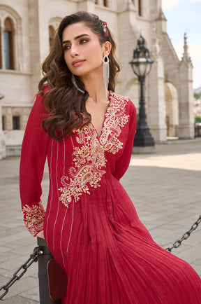 Red Crepe Silk Resham And Sequins Embroidered Anarkali Gown