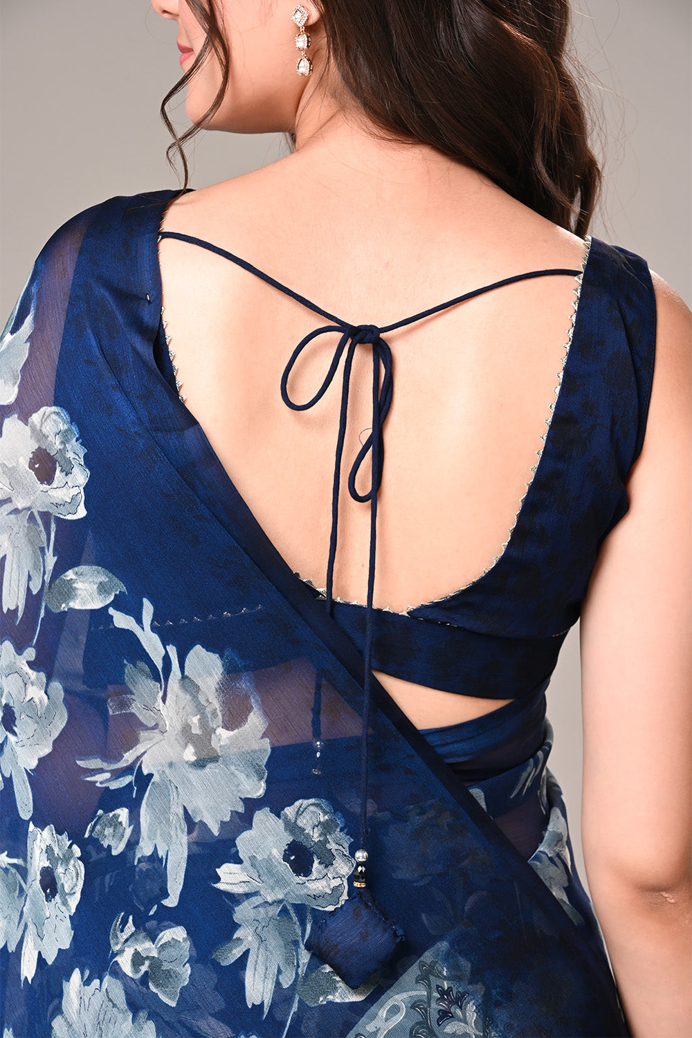 Navy Color Floral Printed Chiffon Saree