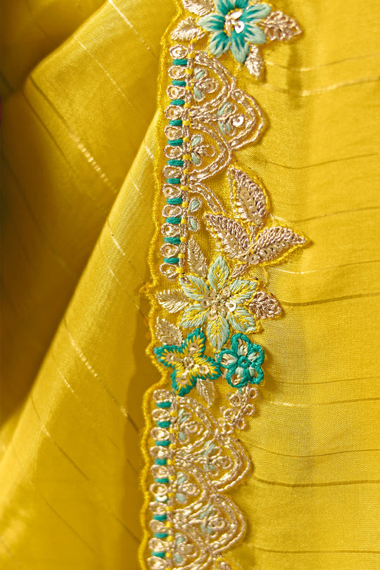 Yellow Organza Border Embroidered Saree With Banarsi Woven Readymade Blouse