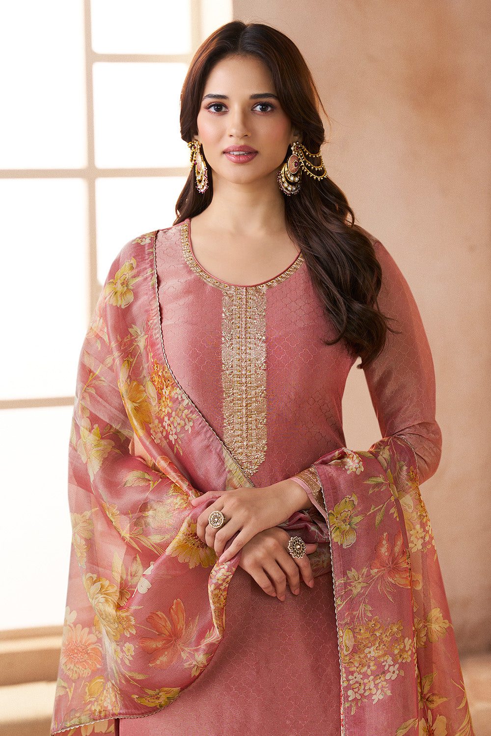 Dusty Peach Metallic Tissue Zari Woven Unstitched Suit Material