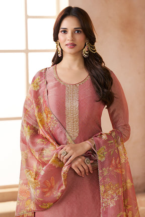 Dusty Peach Metallic Tissue Zari Woven Unstitched Suit Material