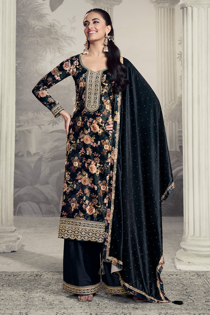 Grey Velvet Floral Printed And Embroidered Unstitched Suit Fabric