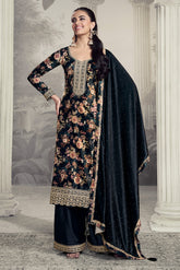 Grey Velvet Floral Printed And Embroidered Unstitched Suit Fabric