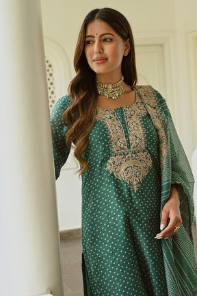 Green Color Printed & Neck Embroidered Chanderi Suit
