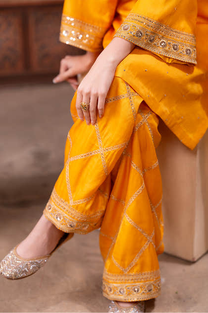 Mustard Zari And Sequins Embroidered Suits With Embroidered Pallazo