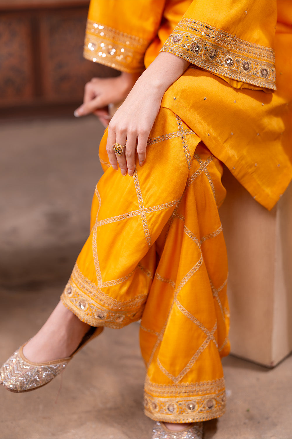 Mustard Zari And Sequins Embroidered Suits With Embroidered Pallazo
