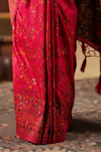 Cherry Red South Silk Zari And Resham Woven Saree