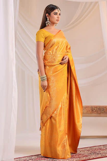 Yellow Silk Zari Floral Zaal Woven Saree