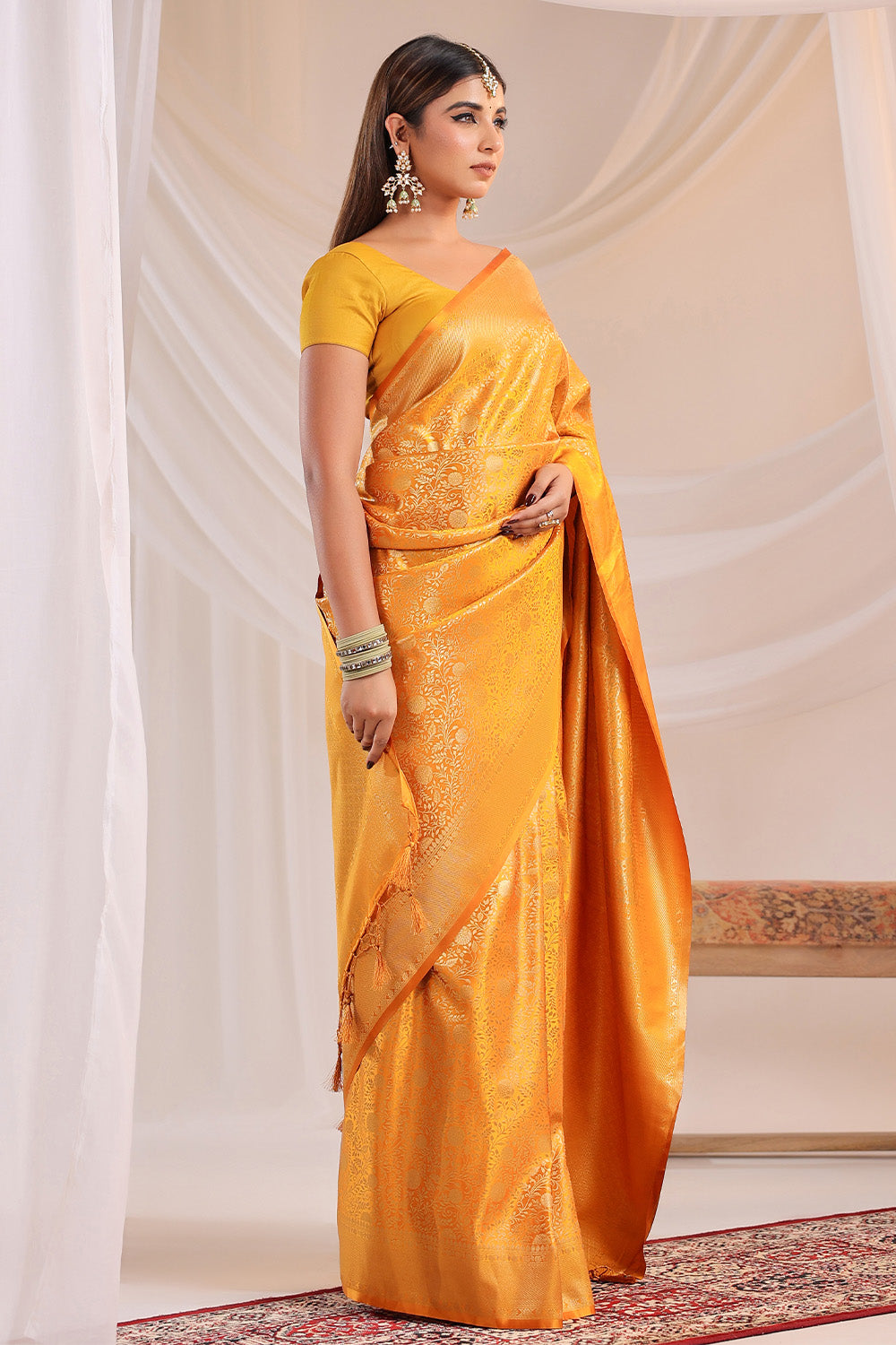 Yellow Silk Zari Floral Zaal Woven Saree