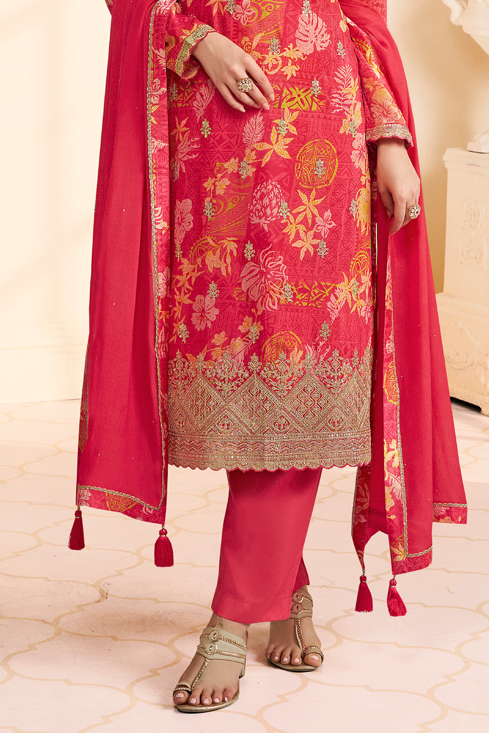 Carmine Pink Chinone Silk Floral Printed And Embroidered Unstitched Suit Fabric