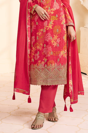 Carmine Pink Chinone Silk Floral Printed And Embroidered Unstitched Suit Fabric