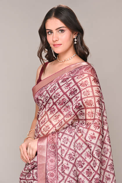 Cream & Rust Color Cotton Silk Printed Saree
