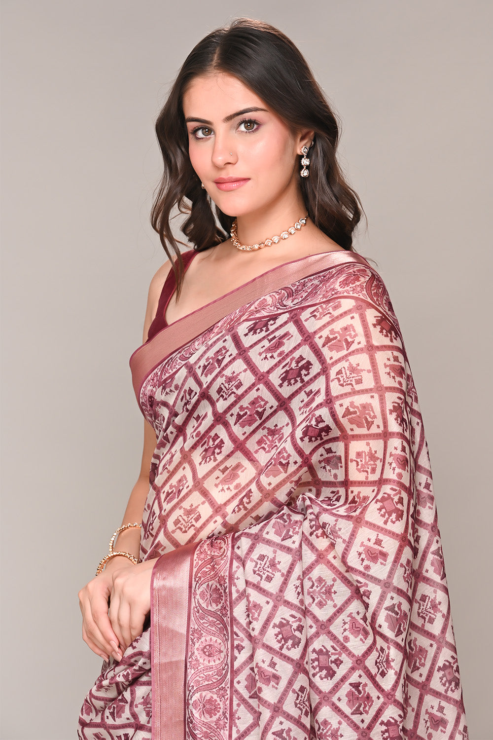 Cream & Rust Color Cotton Silk Printed Saree
