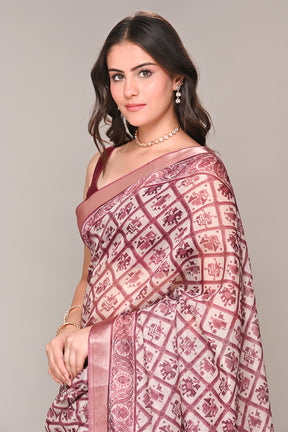 Cream & Rust Color Cotton Silk Printed Saree