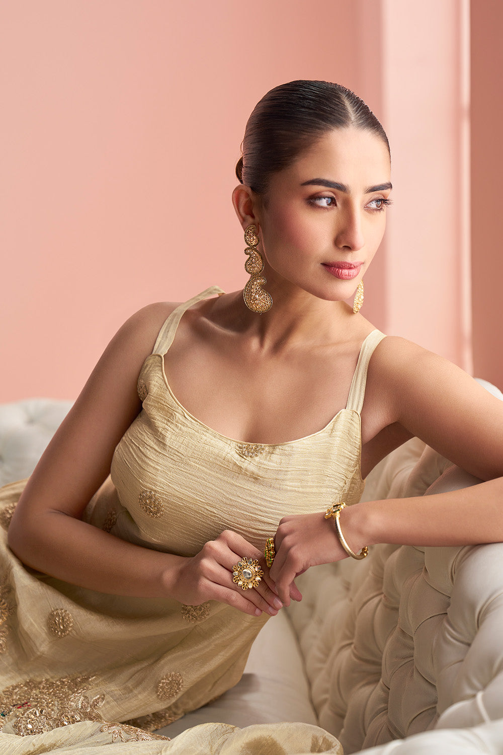 Cream Tussar Silk Pita Embroidered Suit With Embroidered Sharara