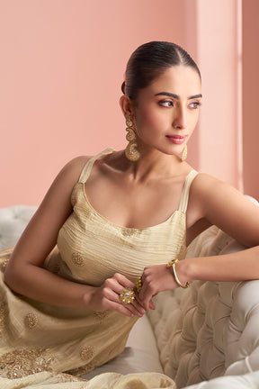 Cream Tussar Silk Pita Embroidered Suit With Embroidered Sharara