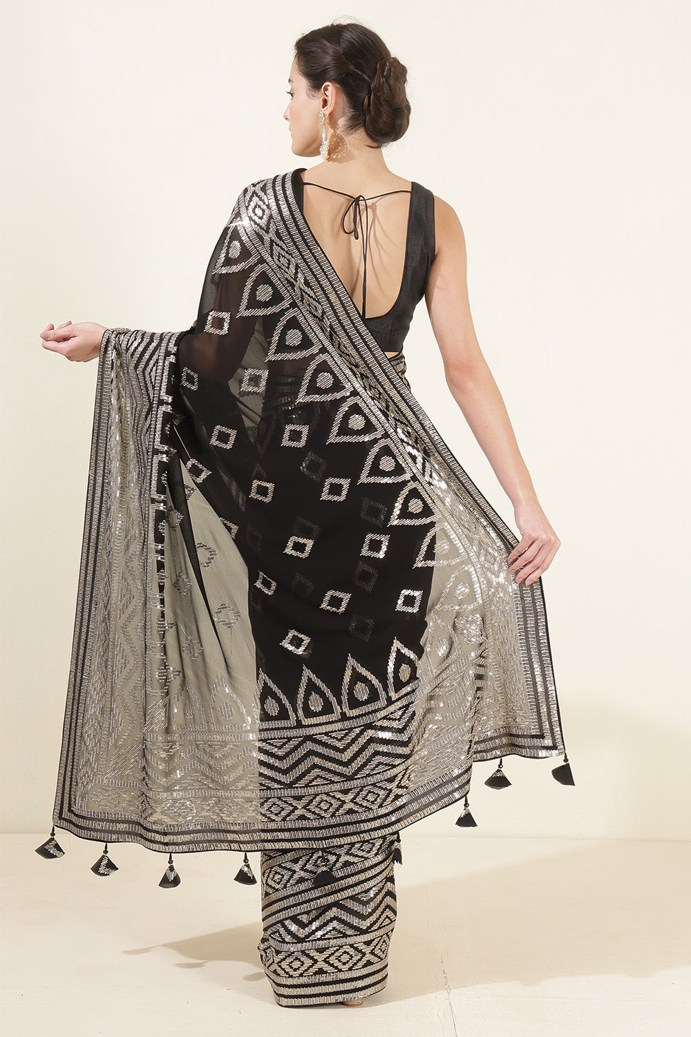 Black Color Georgette Sequins & Zari Embroidered Saree