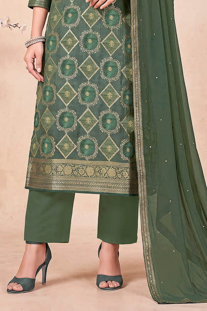 Green Zari Woven Silk Unstitched Suit Fabric