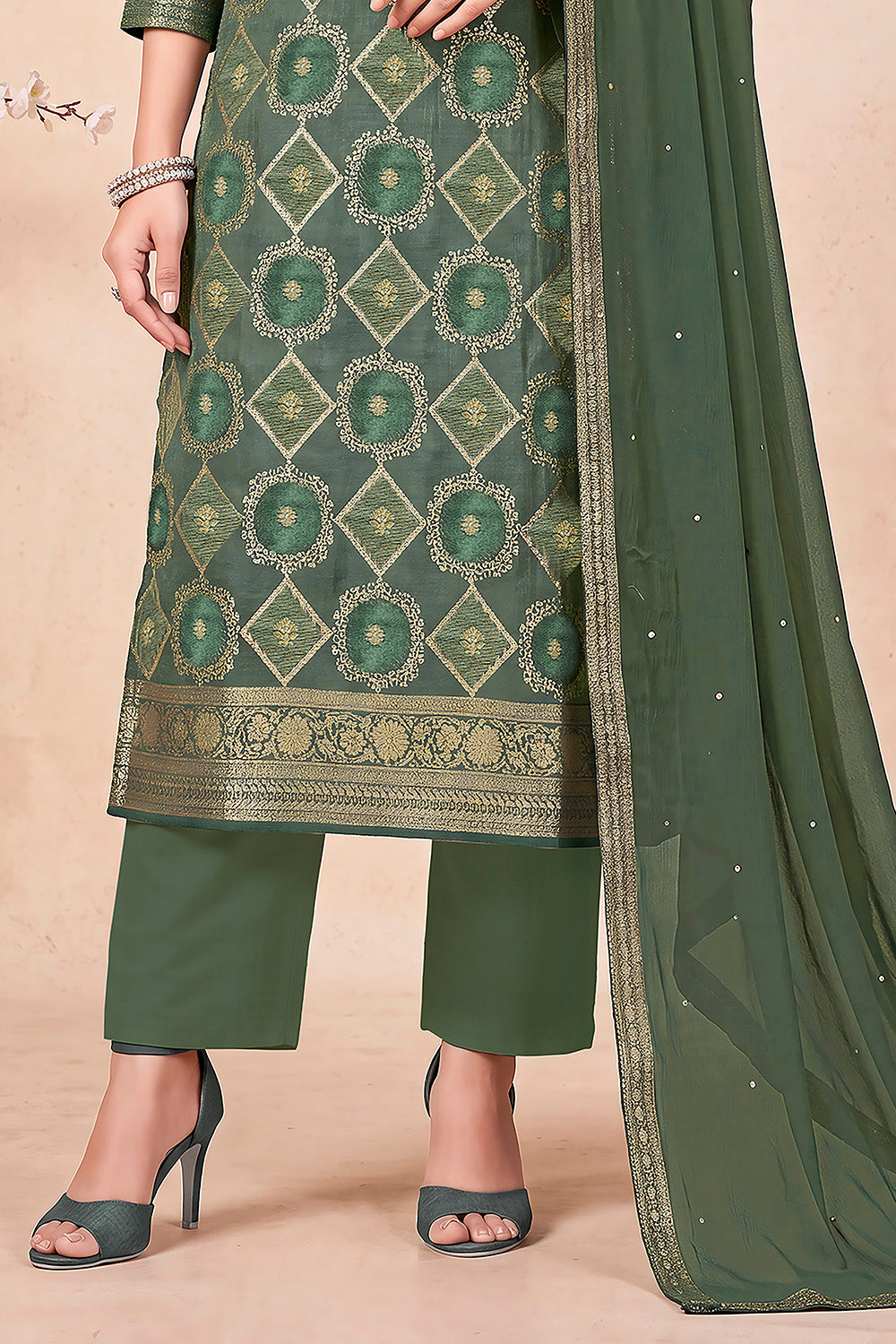 Green Zari Woven Silk Unstitched Suit Fabric
