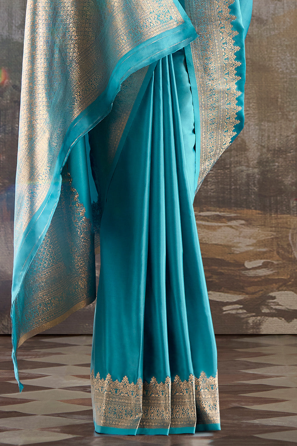 Pacific Blue Zari Woven Satin Silk Saree