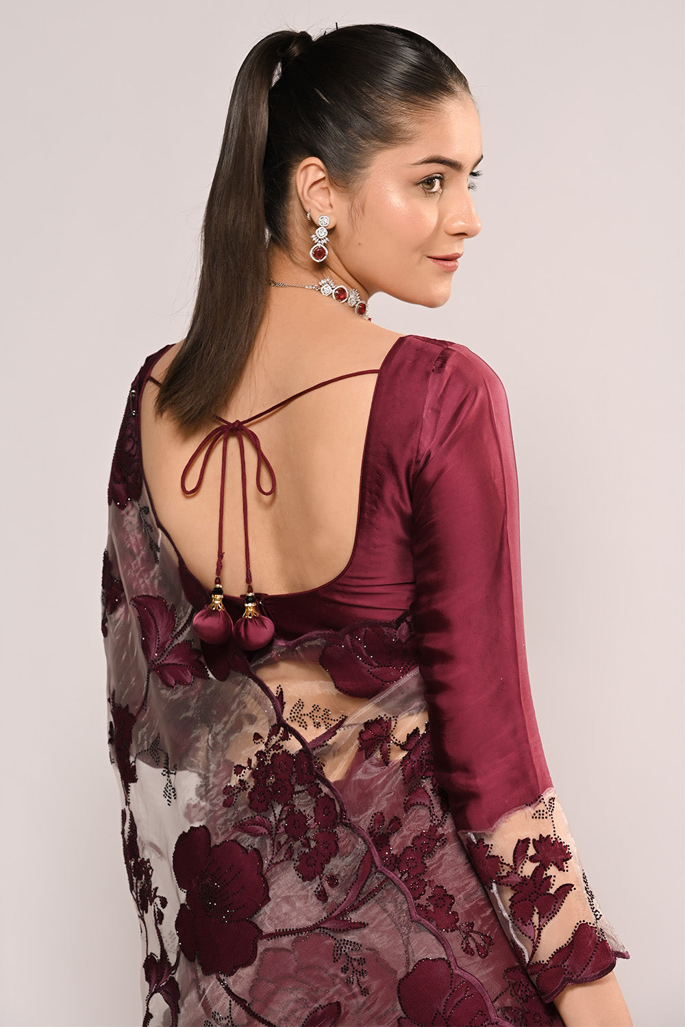 Wine Color Net Embroidered Saree