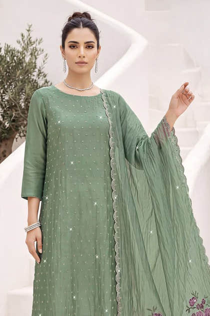 Sea Green Organza Resham Embroidered Unstitched Suit Material
