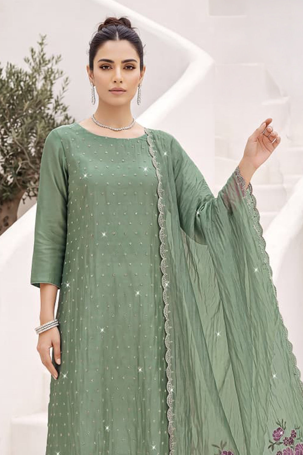 Sea Green Organza Resham Embroidered Unstitched Suit Material