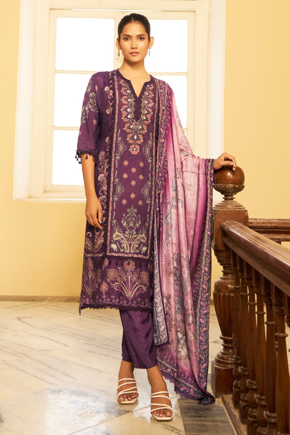 Dark Scarlet Cotton Silk Printed & Lace Work Suit