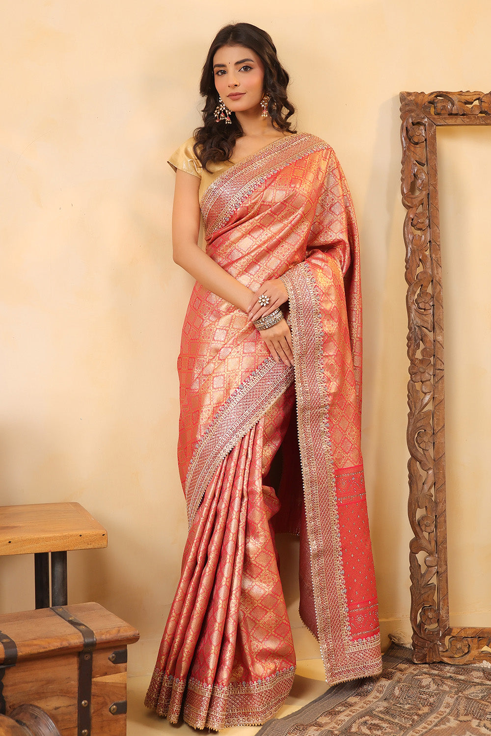 Cherry Red & Gold Color Woven Saree