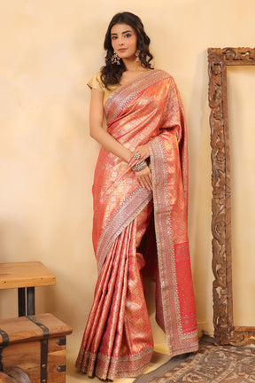 Cherry Red & Gold Color Woven Saree