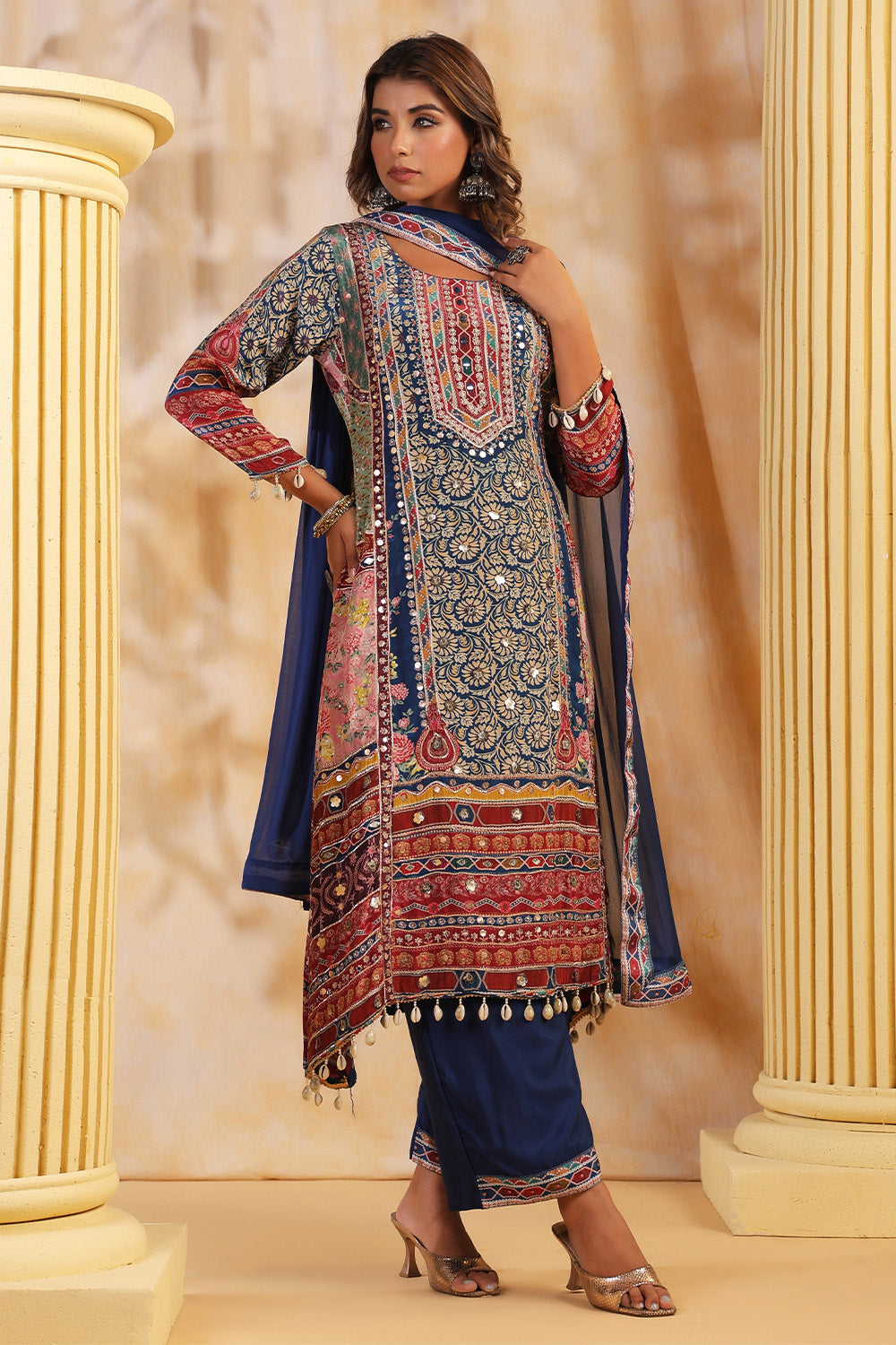 Blue Color Crepe Embroidered and Printed Suit