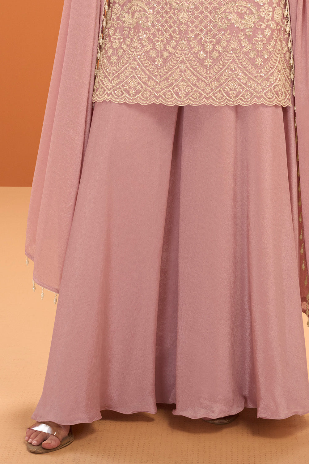 Dusty Pink Silk Cut-Dana And Resham Embroidered Suit With Palazzo