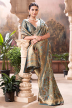 Turquoise Position Print Woven Silk Saree