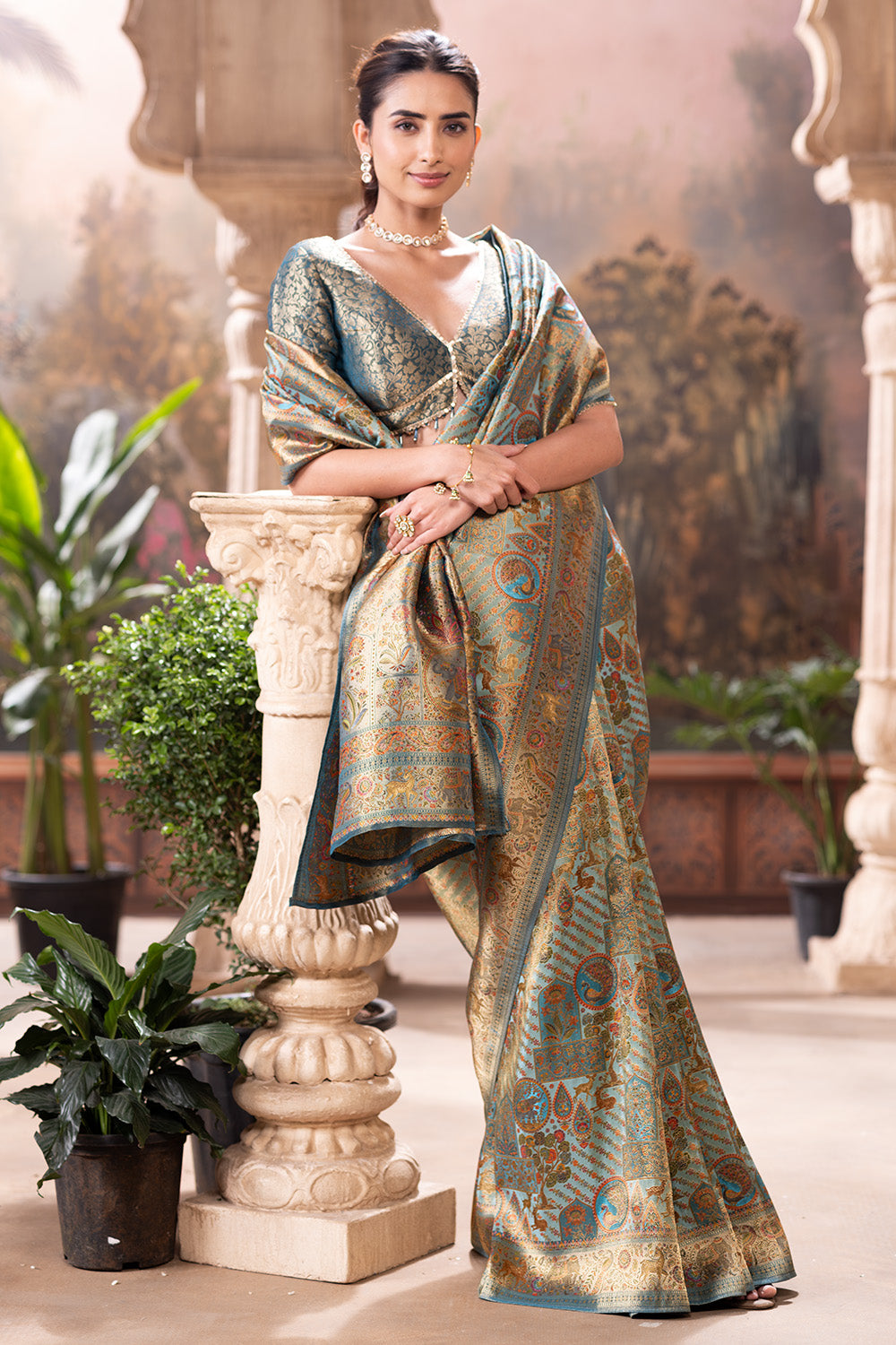 Turquoise Position Print Woven Silk Saree