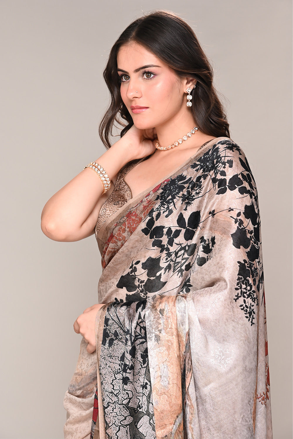 Beige Color Jacquard Silk Printed Saree