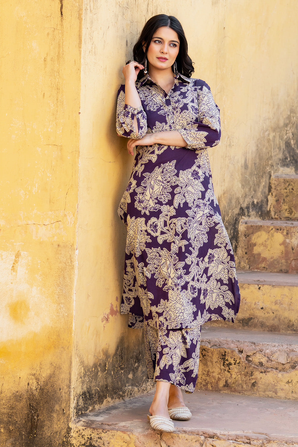 Purple Floral Vine Printed  Cotton Kurta Set