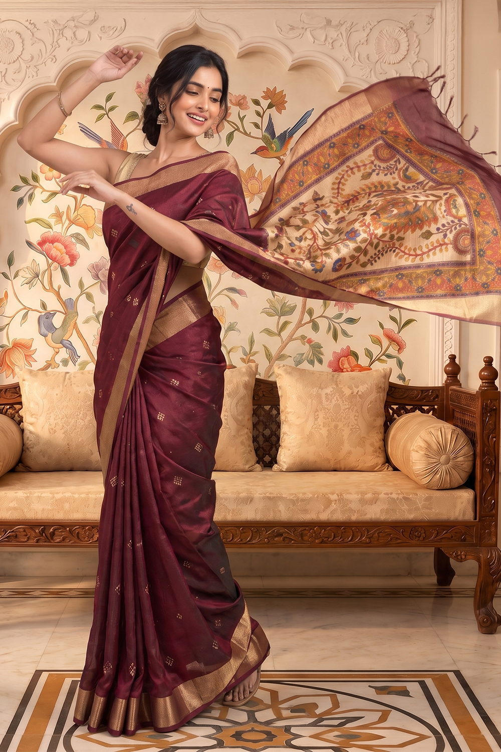 Maroon Cotton Printed And Woven Border Saree