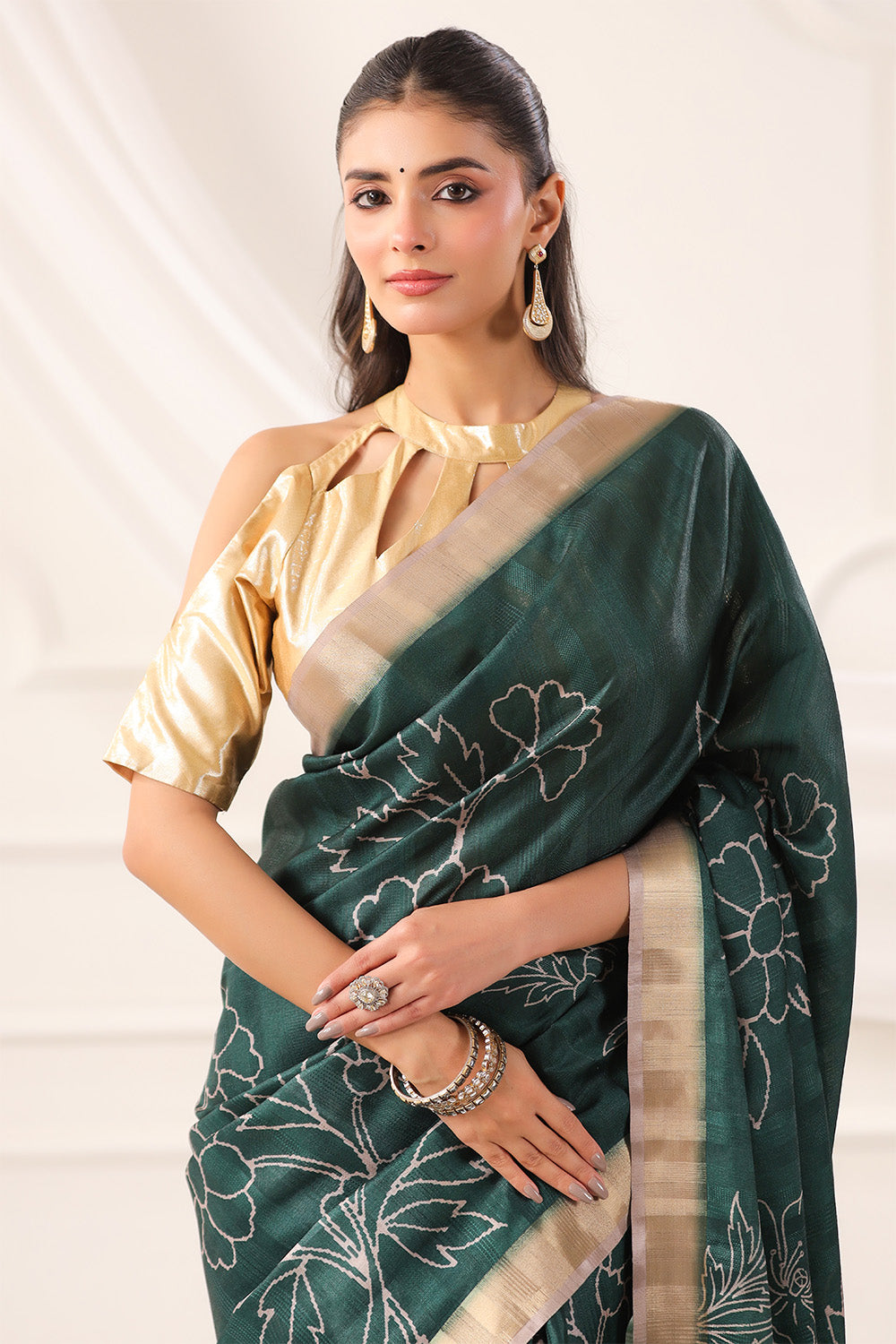 Bottle Green Tussar Silk Floral Printed and Zari Woven Saree