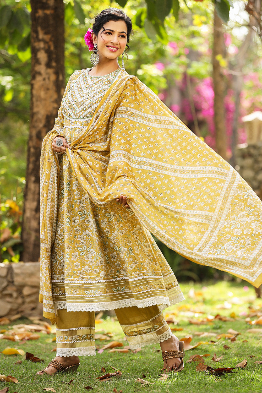 Mustard Color Cotton Floral Printed Anarkali Suit Set