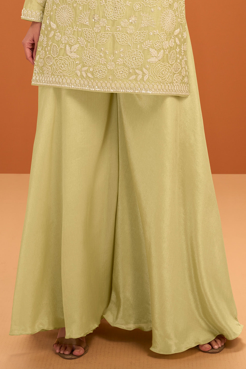 Pista Green Crepe Silk Cut-Dana and Resham Embroidered Suit with Palazzo