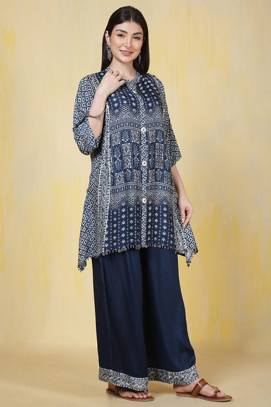 Navy Blue Muslin Printed Kurta Set