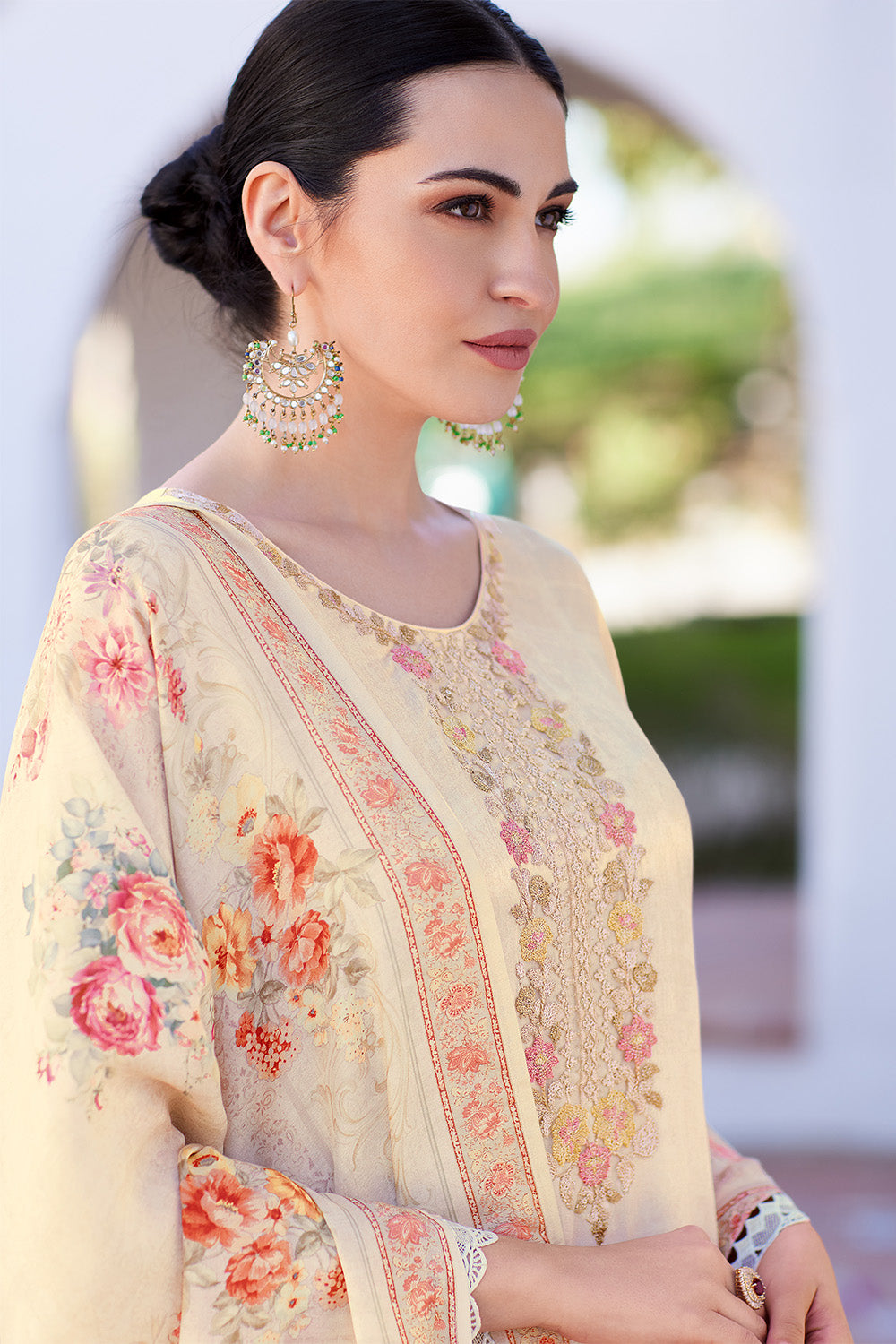 Cream Color Muslin Neck Embroidered & Floral Printed Suit