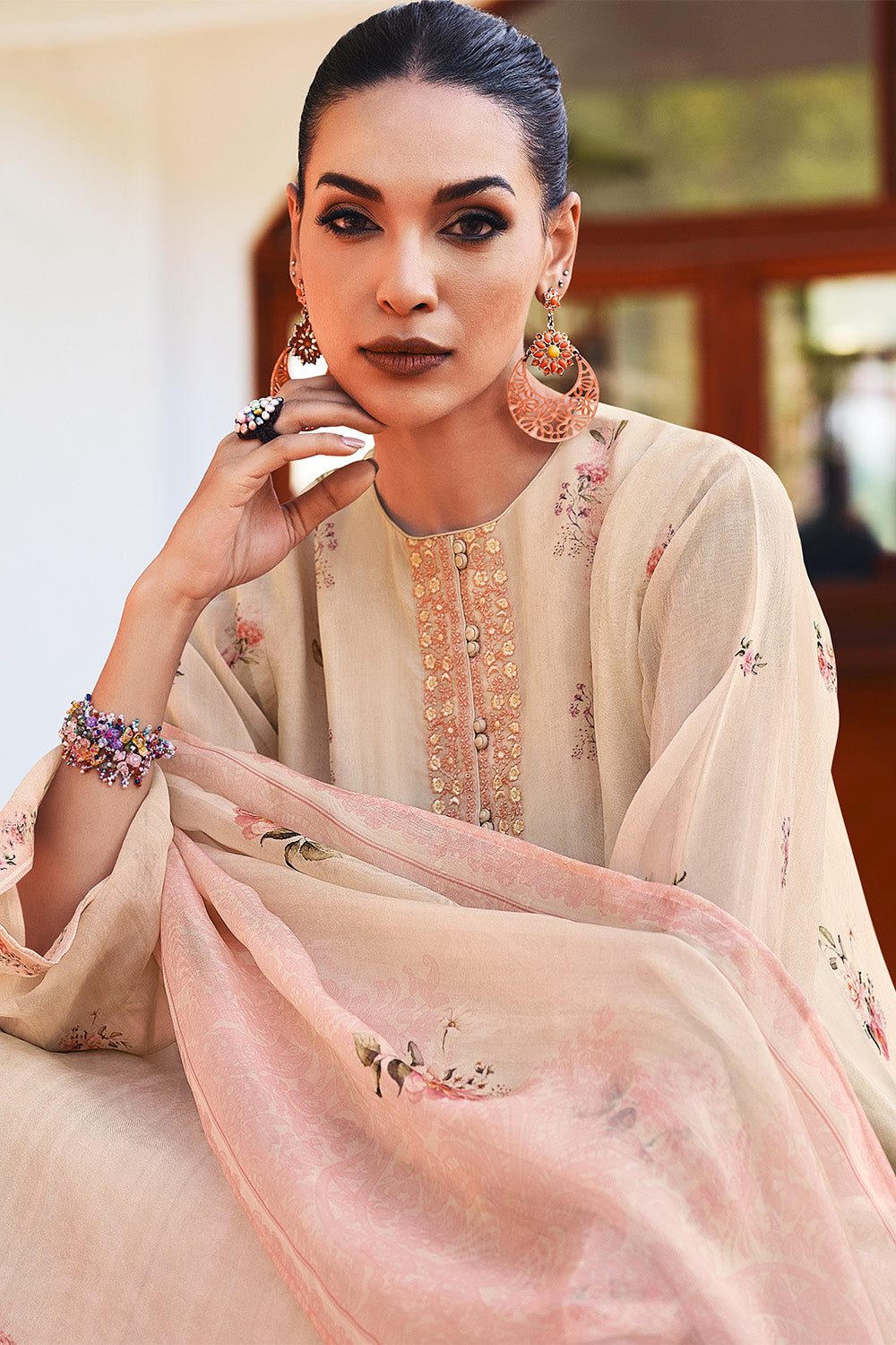 Beige Color Crepe Silk Printed Unstitched Suit Material